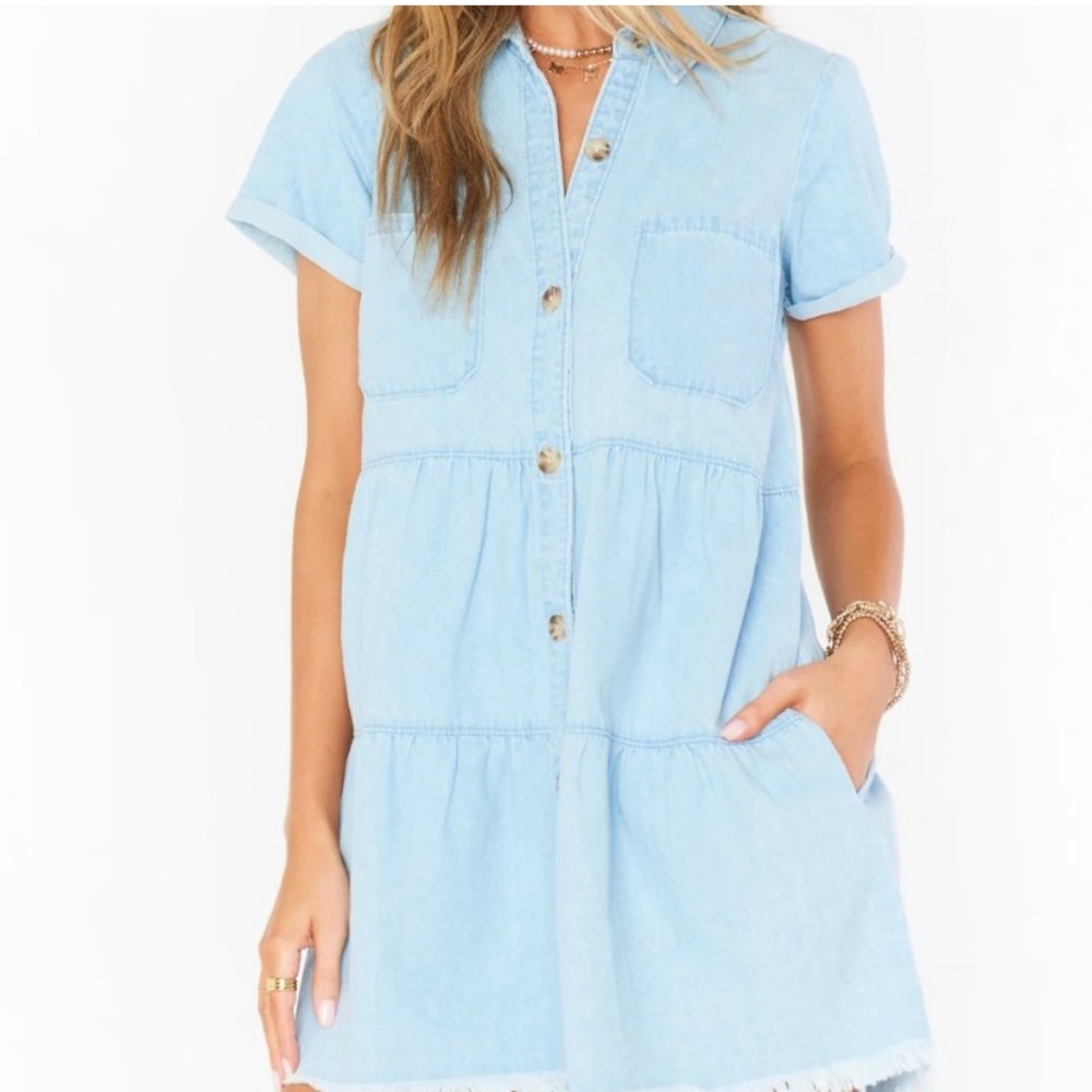 Show Me Your MuMu Light Blue Chambray Tiered Shirt Dress - Picture 2 of 5